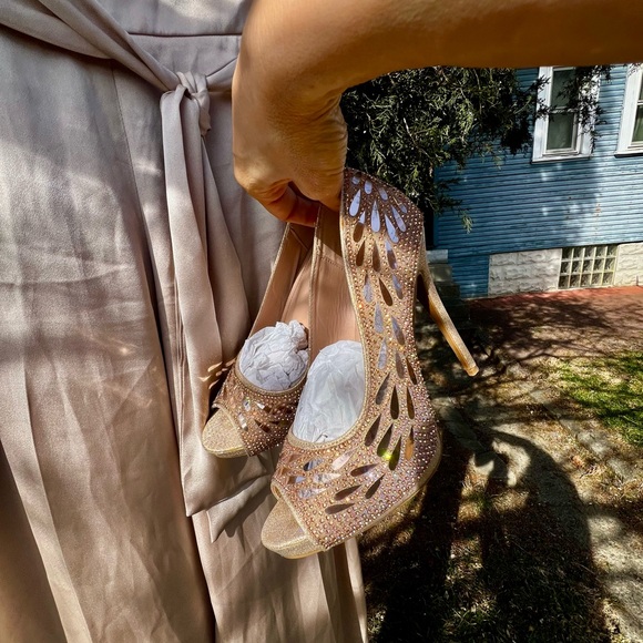 Rose Gold glitter Peacock Peeptoe heels stiletto platform formal open toe 8 - Picture 4 of 11